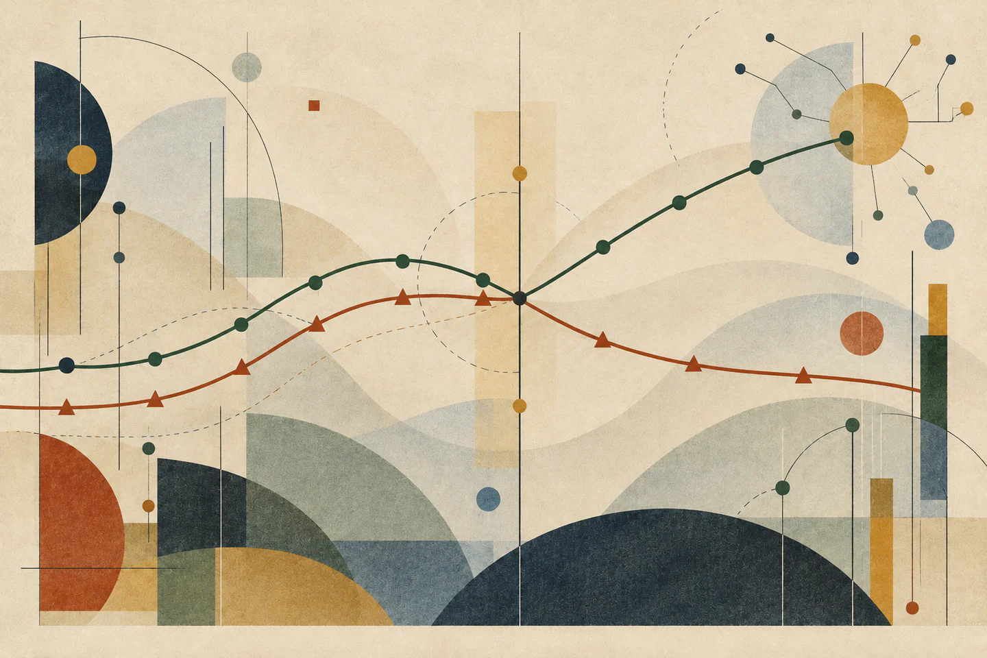 Abstract composition with two trajectories diverging after a central threshold