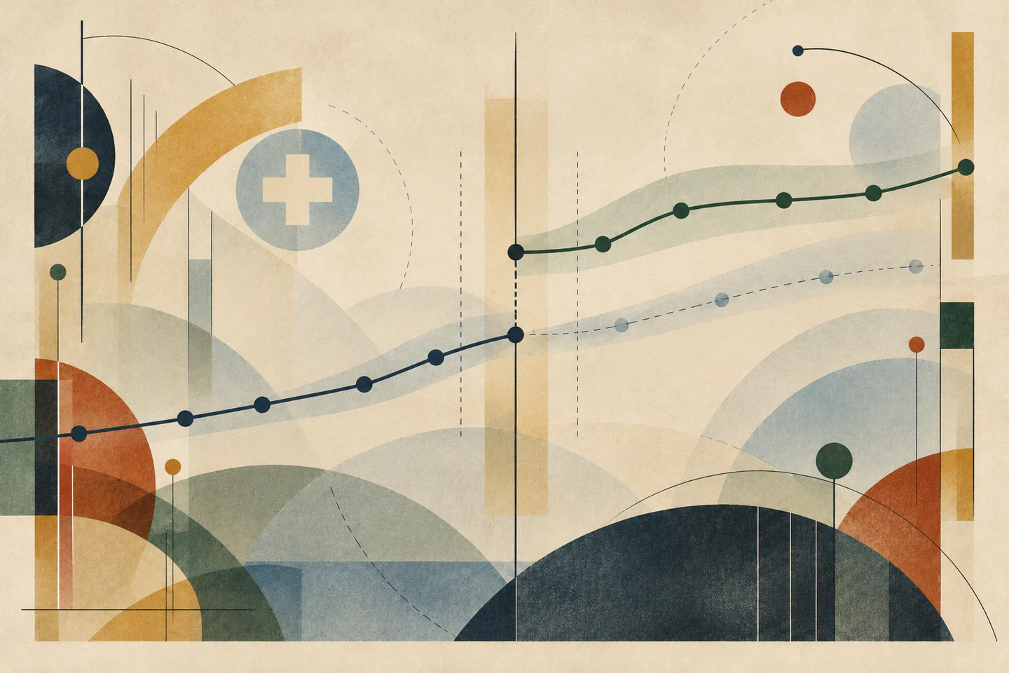 Abstract composition with a trajectory jumping at a threshold and a medical cross