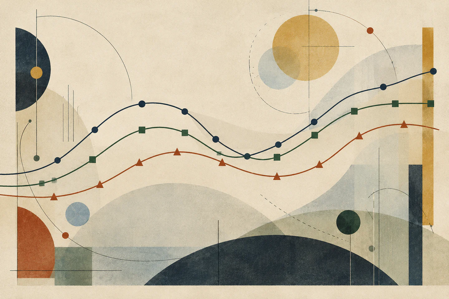 Abstract composition with three curved trajectories representing survey-tenure profiles